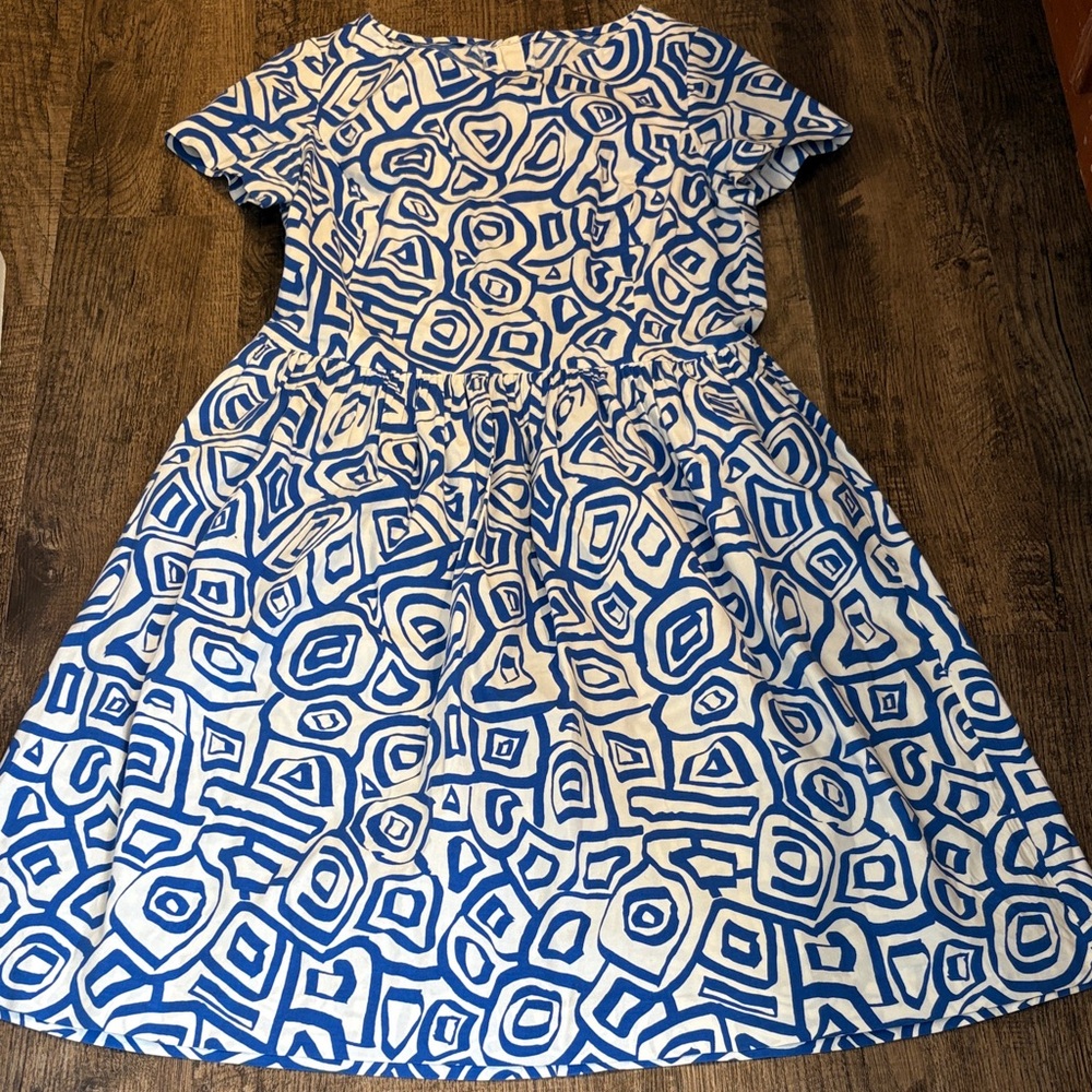 Oscar de la Renta Abstract Shapes Stretch Cotton Geometric Blue and White Dress